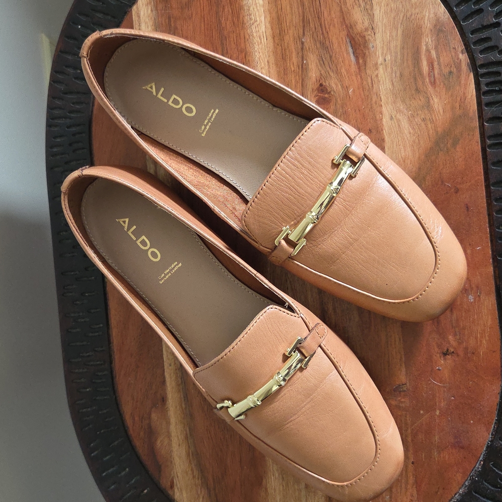 Aldo Tan Leather Loafers with Gold Hardware